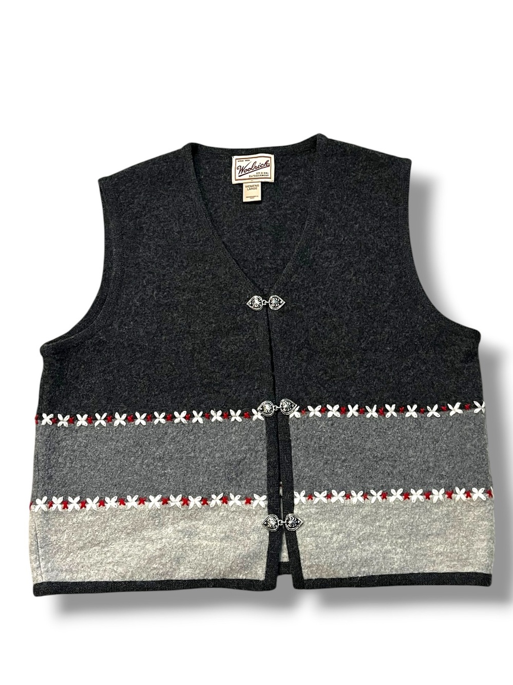 Vintage Woolrich Vest Womens Large 100% Wool Nordic Style Gray Metal Clasps